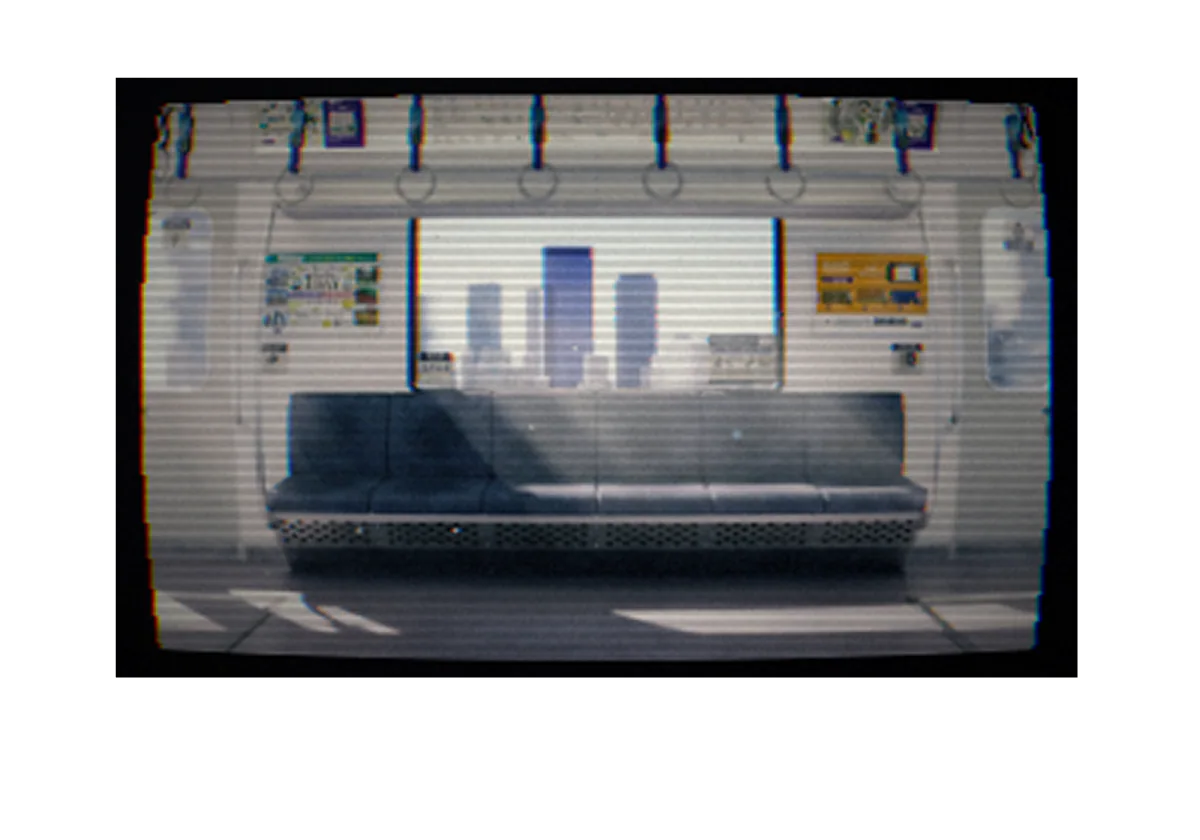 Train carriage overlooking a city skyline